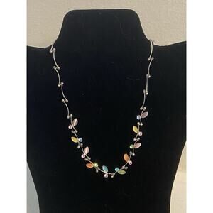 Colorful Leaf & Rhinestone Necklace – Silver Tone, Multicolor – Nature-Inspired